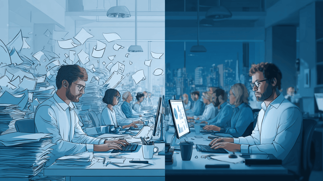 Escena dividida que muestra empleados saturados de documentos y luego una oficina eficiente con procesos digitalizados