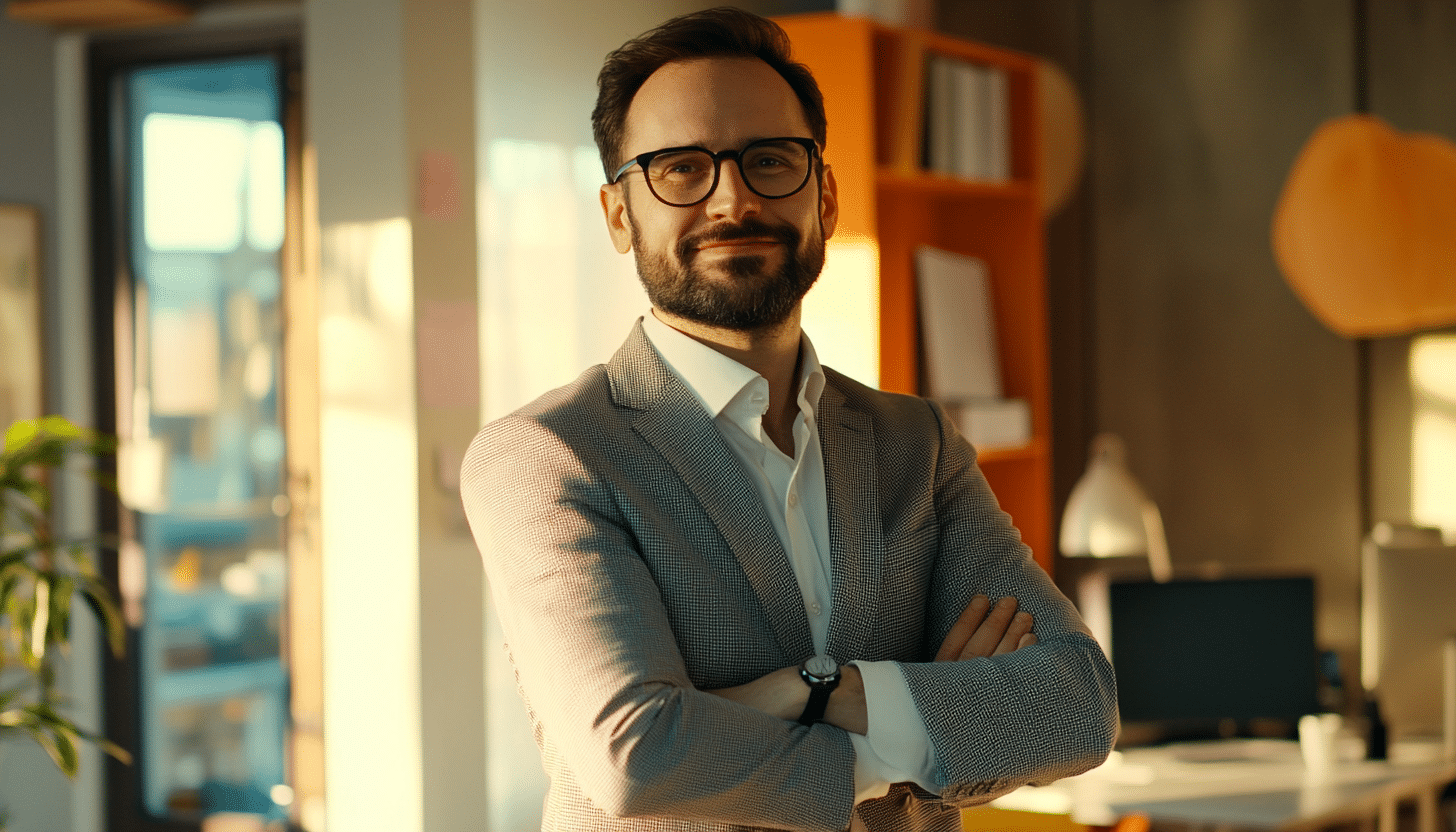 Ejecutivo de oficina con postura confiada que lidera iniciativas de diseño de procesos