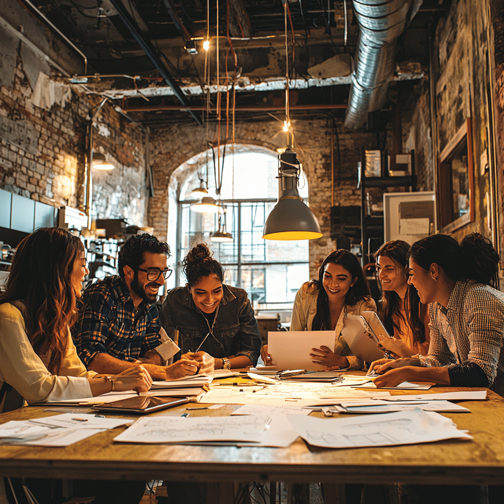 Grupo de jovenes profesionales colaborando en la mesa mientras revisan ideas para mejorar procesos