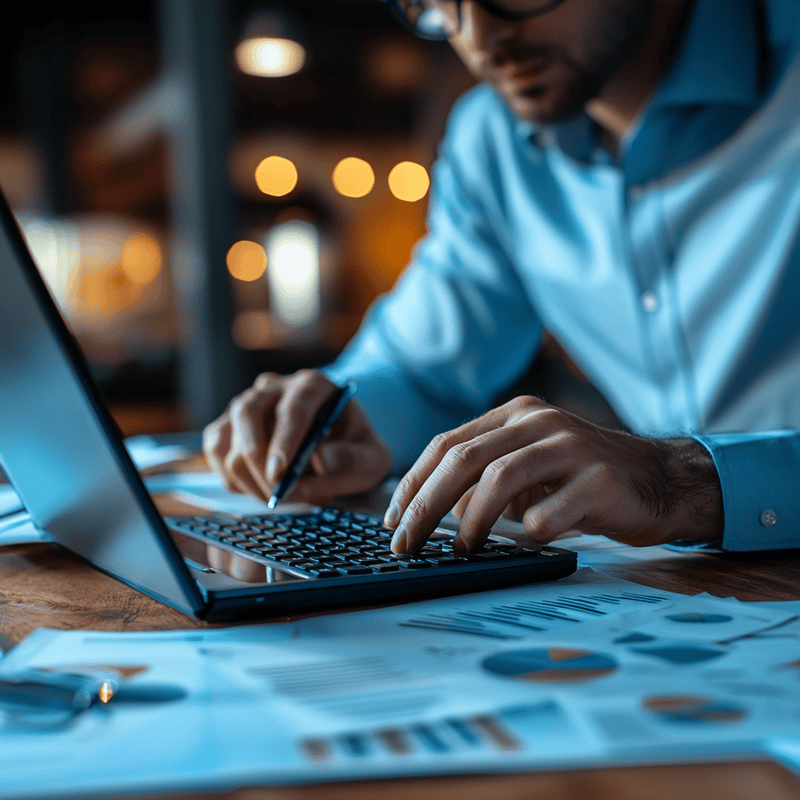 Persona trabajando con informes y kpi que muestran el rendimiento de los procesos empresariales