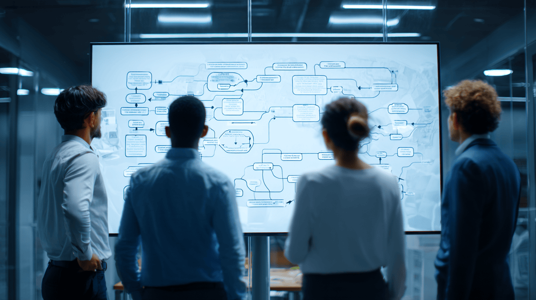 Equipo directivo revisando flujos de procesos empresariales para alinear operaciones y estrategia