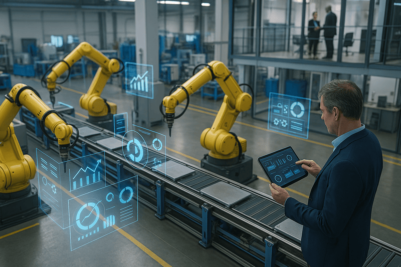 Gerente monitorea KPIs en Tablet mientras robots automatizan la linea de producción para optimizacion de procesos