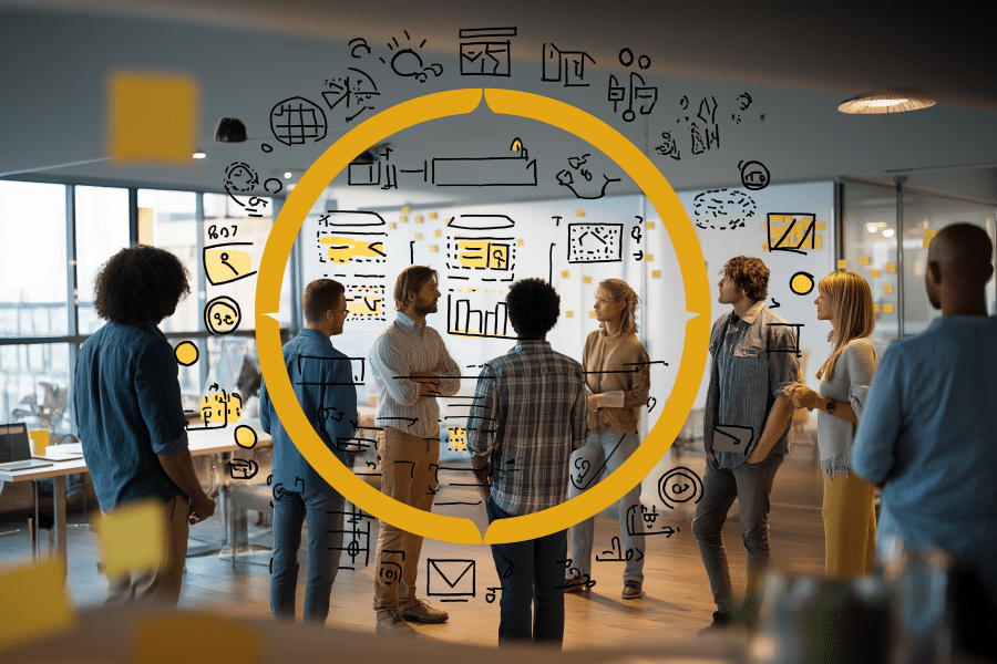 Dinámica de equipo colaborando en la optimizacion de procesos con elementos visuales de flujo