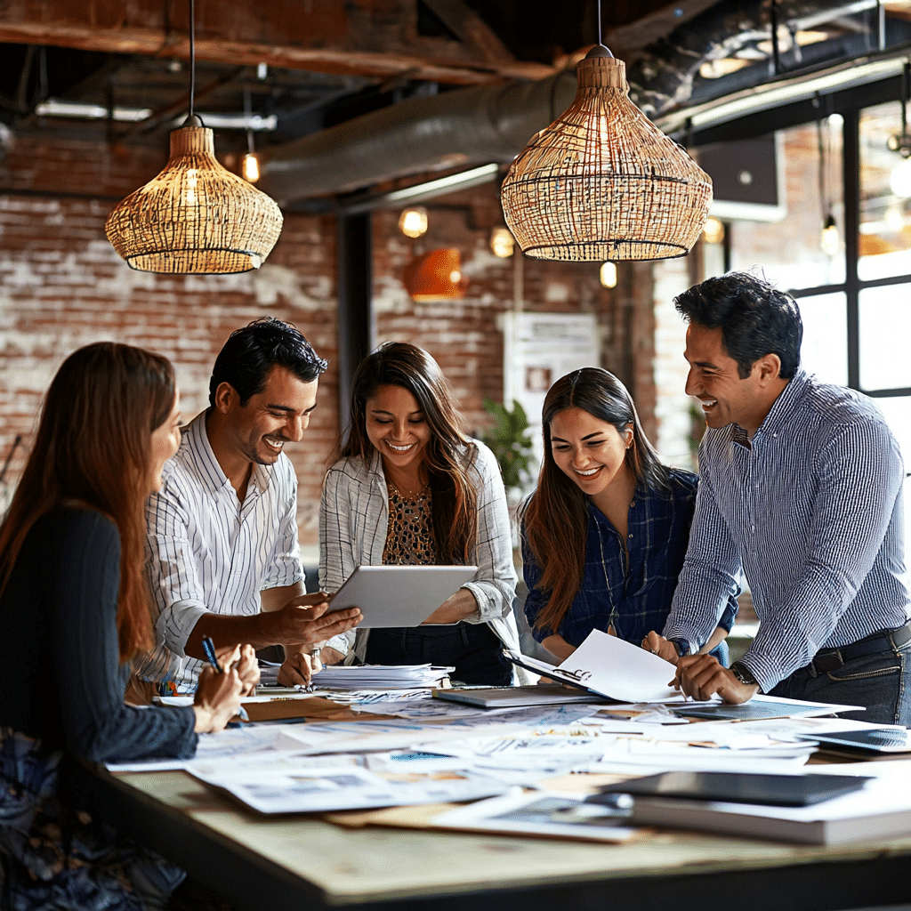Equipo de profesionales latinos revisando documentos y usando una tablet para analizar procesos