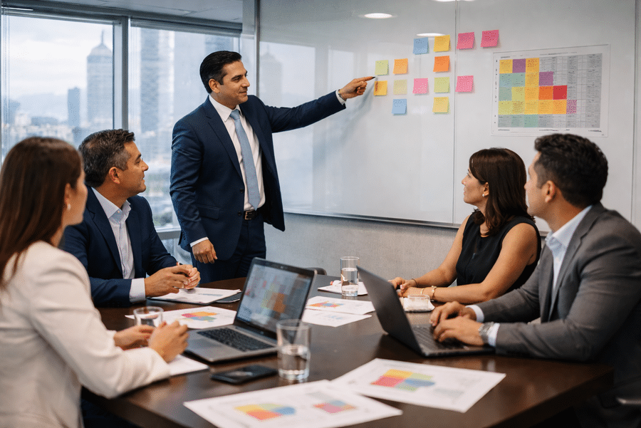 Equipo en reunión revisando riesgos y controles, ejemplo práctico del componente de evaluación de riesgos en COSO