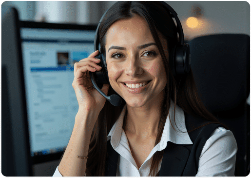 Agente de servicio al cliente de EuroSoft sonríe mientras brinda asesoría a través del canal de contacto de la empresa