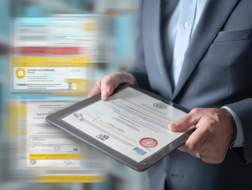Revisión de evidencia en tablet, representando trazabilidad, aprobaciones y control documental dentro del modelo COSO