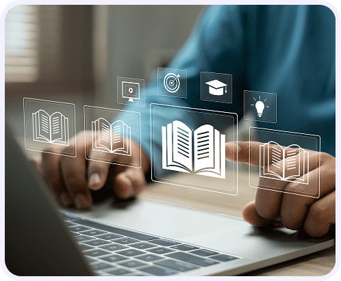 Libros digitales sobre una laptop que ilustran el acceso estructurado a manuales, procedimientos y registros certificados bajo ISO 9001