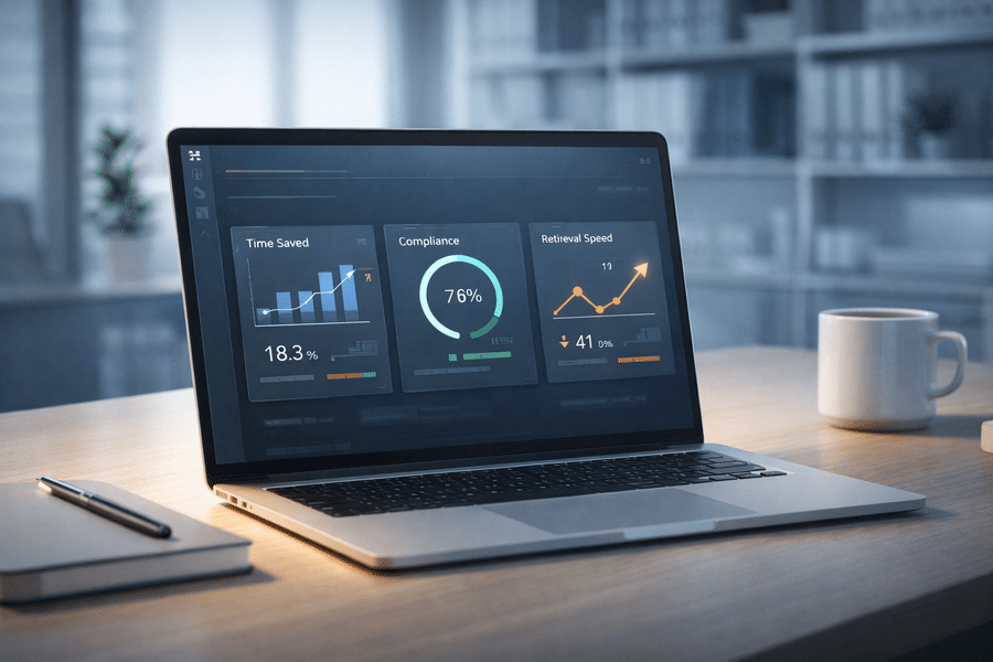 Laptop en escritorio mostrando un dashboard con graficas y KPI de cumplimiento, relacionado con gestión documental