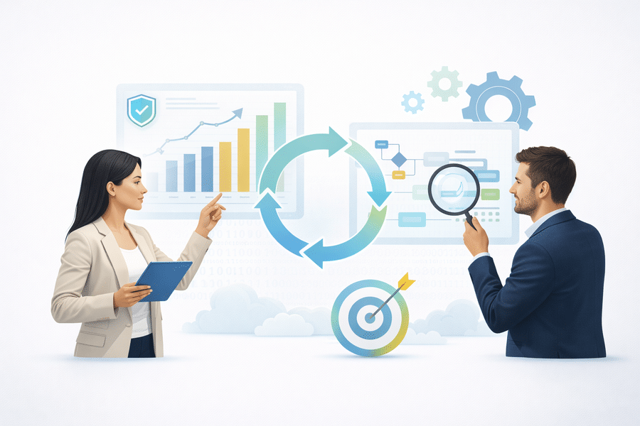 Ciclo de programa de mejora continua con medicion, analisis y acciones de mejora.