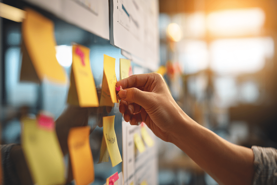 Post-its en tablero para planear un programa de mejora continua.