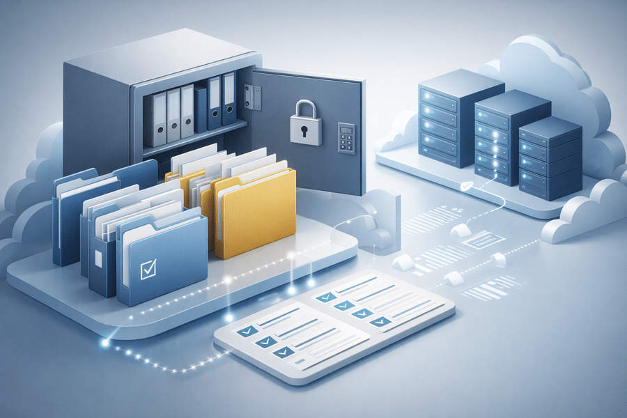 Carpetas organizadas en una bóveda segura conectadas a servidores, enfoque de seguridad en gestión documental