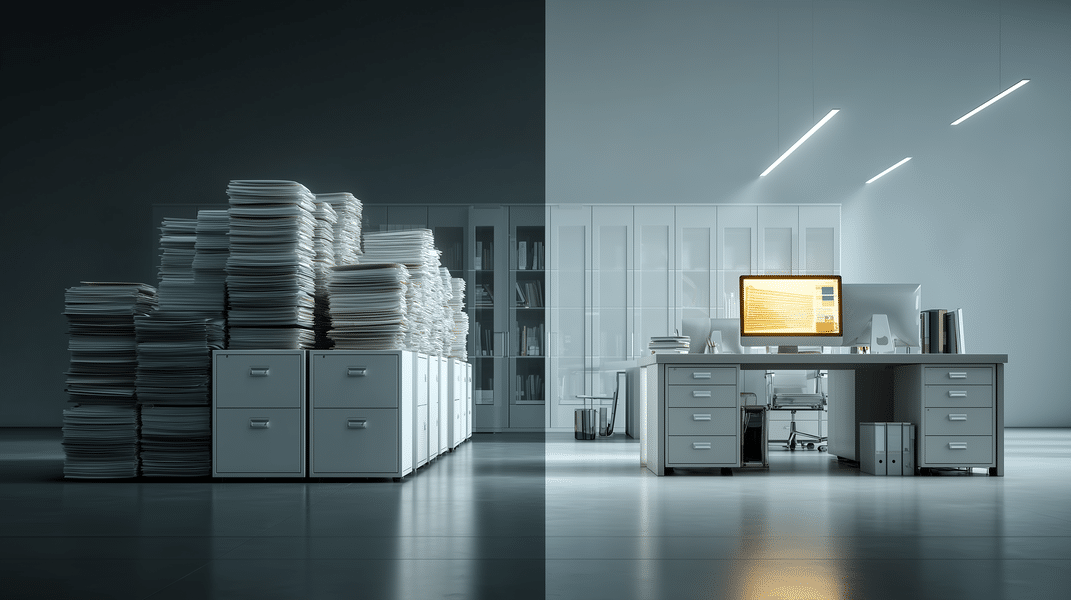 Oficina dividida con pilas de papel a la izquierda y escritorio digital ordenado a la derecha por gestión documental