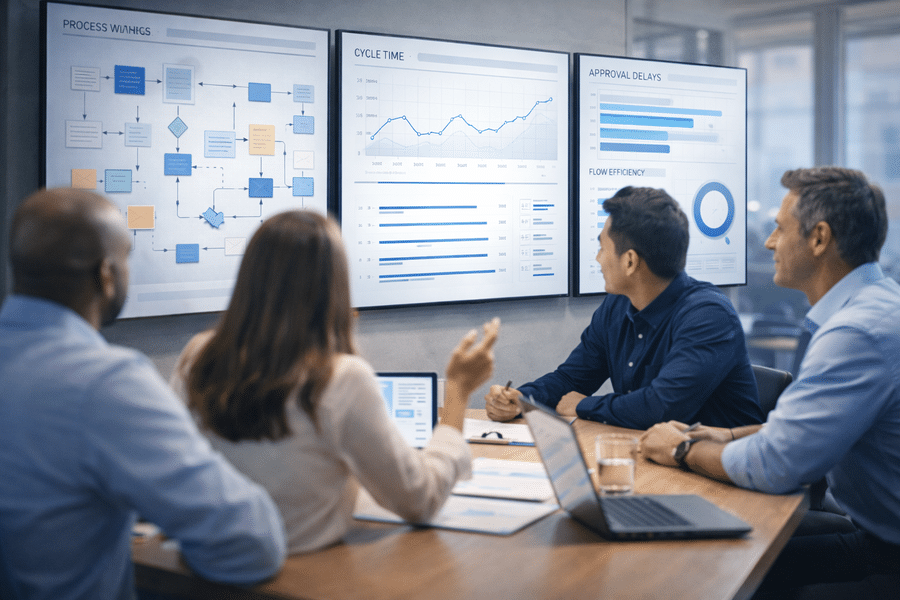 Equipo evaluando el desempeño de procesos mediante datos