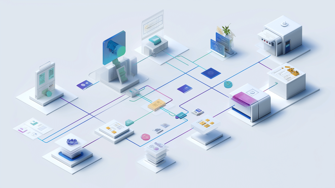 Ilustración del mapeo de procesos empresariales con flujos y sistemas conectados
