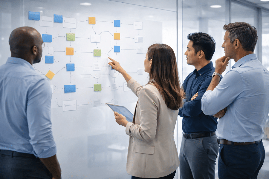 Equipo de trabajo realizando mapeo de procesos para mejorar flujos internos